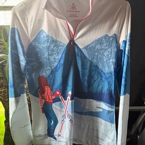 Krimson Klover Blue and Red Mountain Scene Pullover